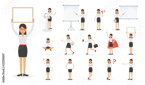 Set of working people on white background. Businesswoman at work in flat design people characters.