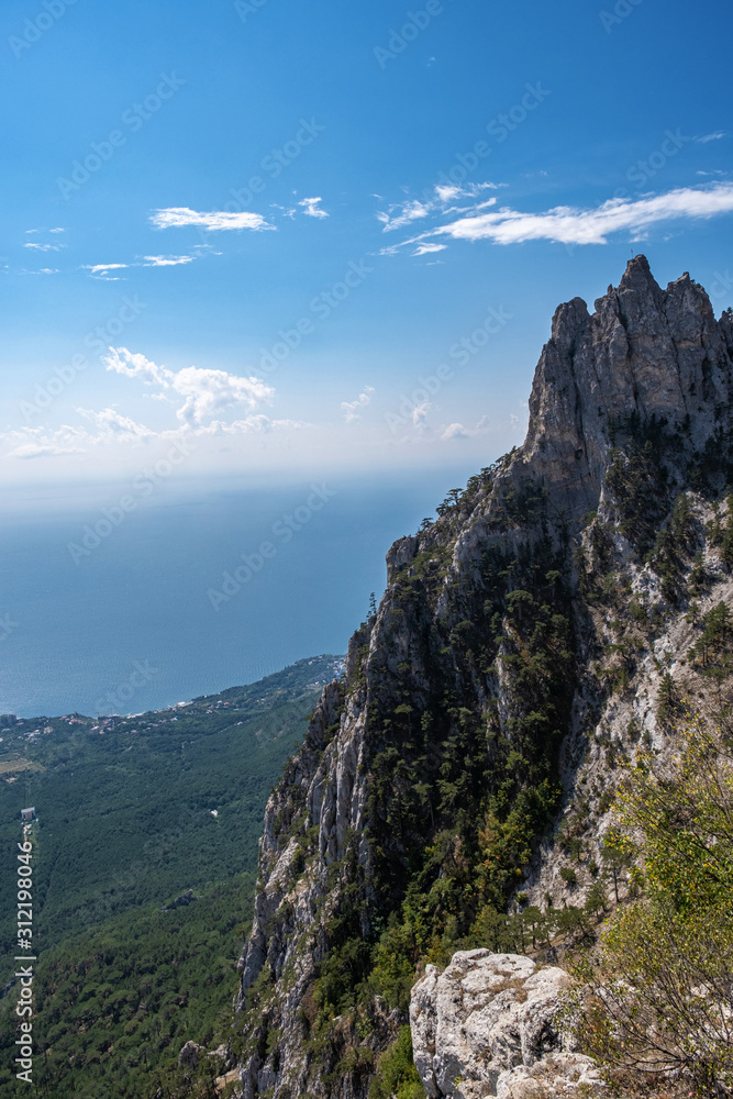 Scenic view from Ai-Petri mountain to the village of Miskhor and the Black Sea.