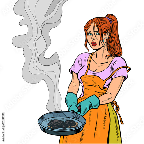 woman and a food burnt in a frying pan