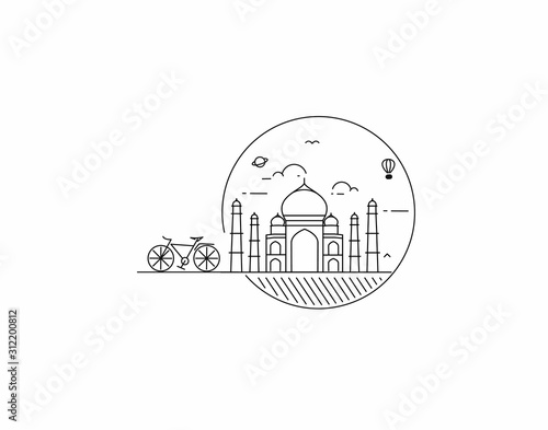 Taj Mahal Hand Drawn, India Agra - Line art vector illustration.