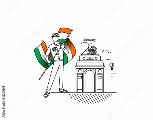 26 january Republic day concept with a boy holding indian flag. Cartoon Vector background.