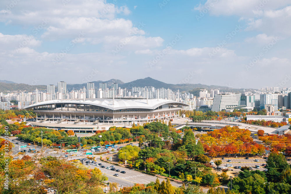 Seoul World Cup Stadium and Seoul city panorama view from Sky park at autumn in Seoul, Korea