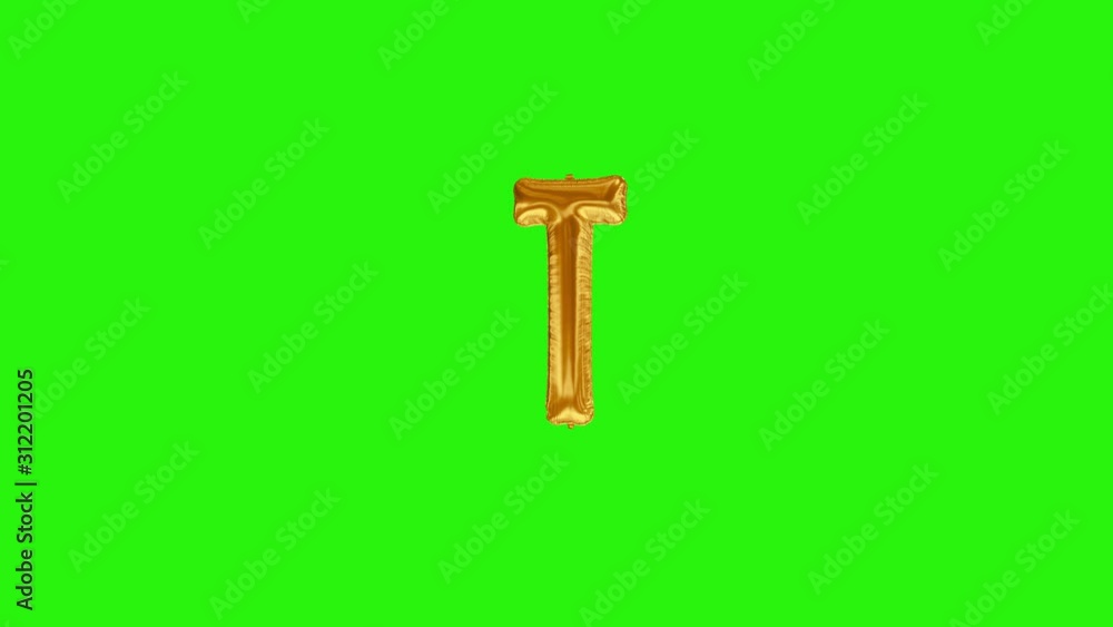 Golden letter T. Gold foil helium balloon alphabet floating on green screen Golden letter T. Gold foil helium balloon alphabet floating on green screen