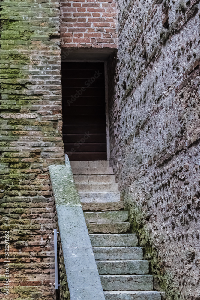 Old castle entrance with the stairs, bricks with moss  - Image