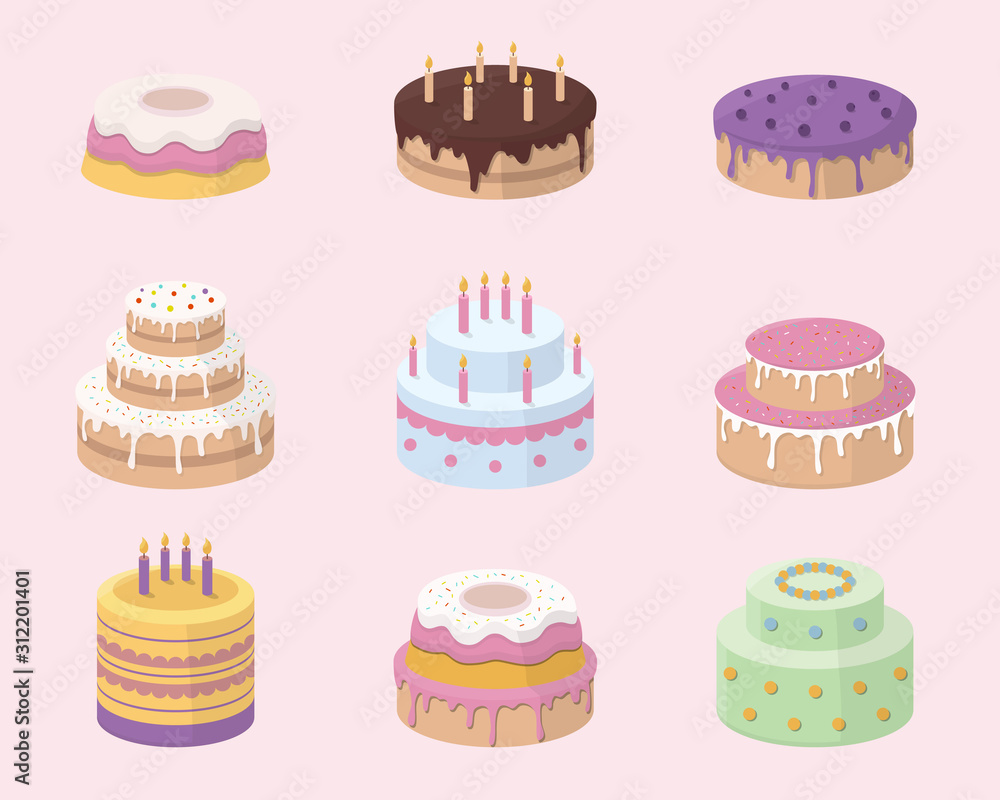 Cakes Icons set - Vector color symbols of sweet dessert, pastry, chocolate and cupcake for the site or interface