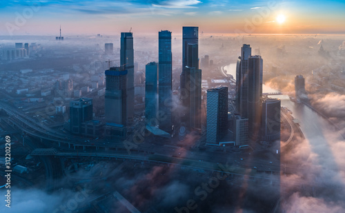 A aerial view of towers of the Moscow International Business Centre also known as Moscow City at dawn.