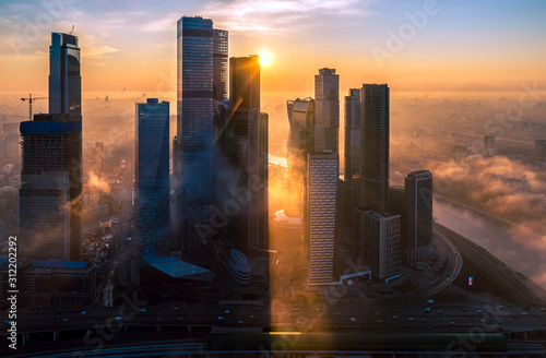 A aerial view of towers of the Moscow International Business Centre also known as Moscow City at dawn.