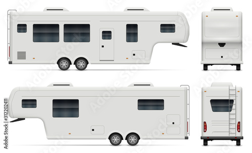 Travel trailer vector mockup on white background for vehicle branding, corporate identity. View from side, front, back. All elements in the groups on separate layers for easy editing and recolor