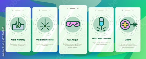 Laser Beam Onboarding Mobile App Page Screen Vector. Optical Equipment And Technology Laser, Eye Protective Glasses And Target Illustrations