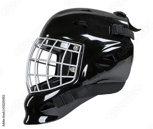 Fotografi Hockey goalie black helmet mask isolated on white background