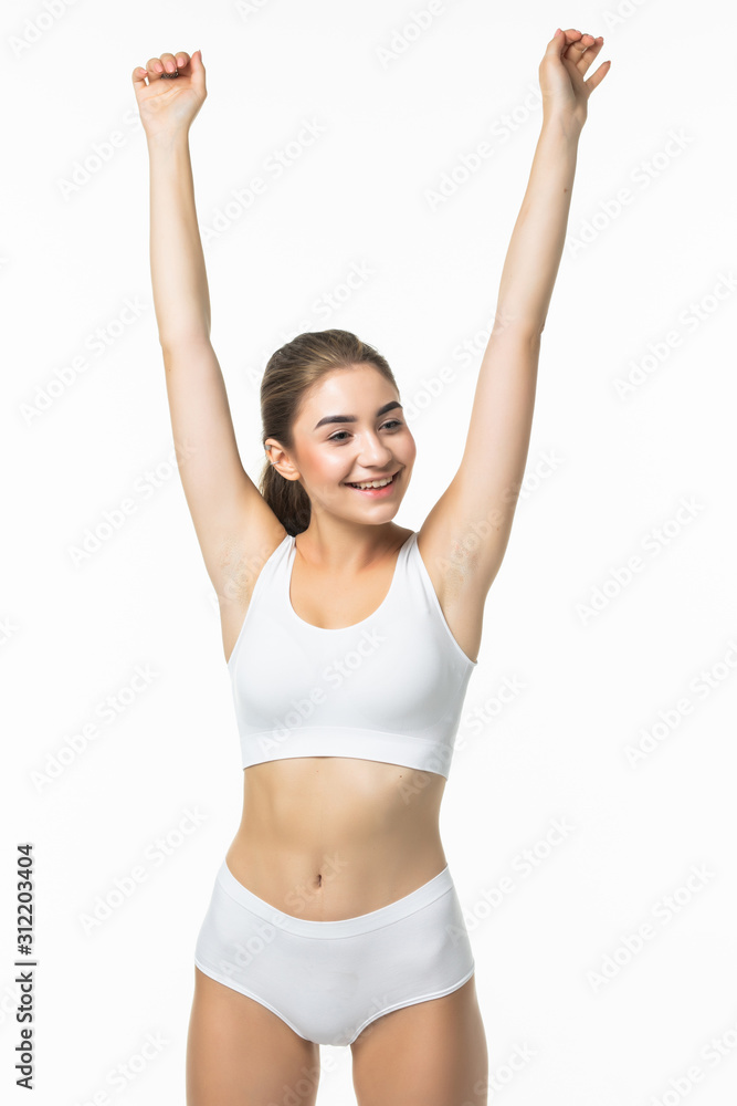 Fit, healthy and sporty woman in underwear isolated on white. Sport, fitness, diet, weight loss and healthcare concept. Fit, healthy and sporty woman in underwear isolated on white. Sport, fitness, diet, weight loss and healthcare concept.