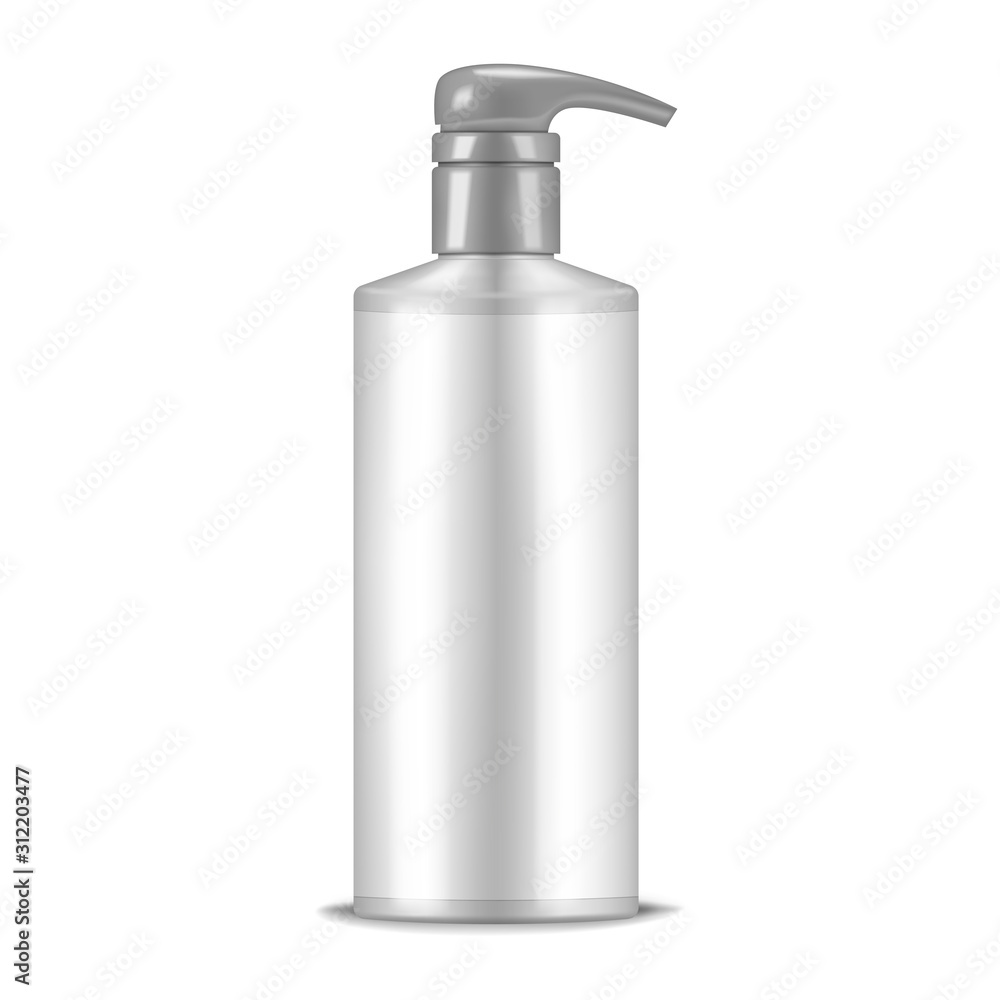 Pump dispenser bottle with white blank label, realistic mockup. Beauty cosmetic product packaging container, vector template Pump dispenser bottle with white blank label, realistic mockup. Beauty cosmetic product packaging container, vector template