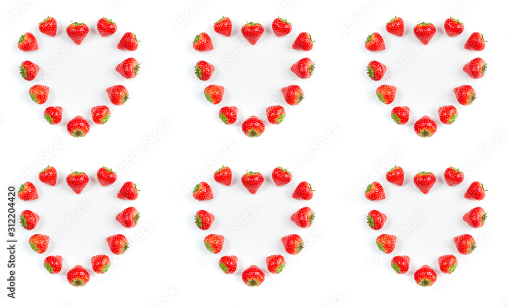 Strawberry on white background, top view. Berries pattern. Hearts frame made of fresh strawberry on white background. Valentines day, creative food concept