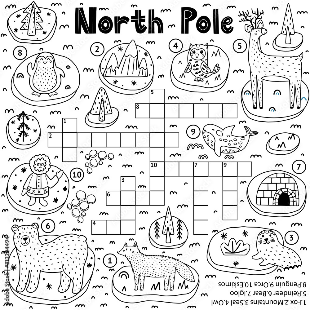 Black and white crossword puzzle game for kids about North Pole