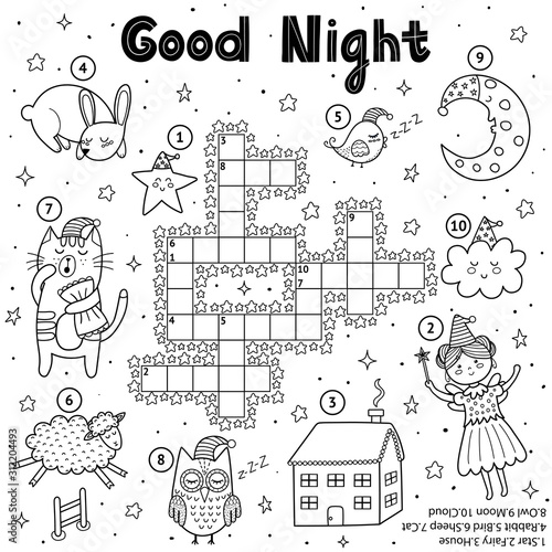 Black and white crossword game for kids. Good night theme coloring page