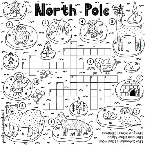 Black and white crossword puzzle game for kids about North Pole