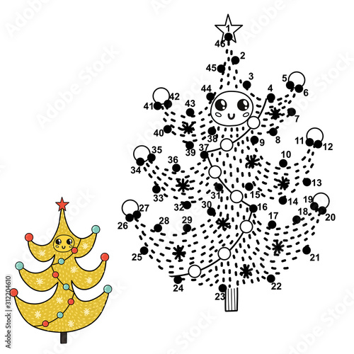 Dot to dot numbers game for kids. Connect digits, draw and color a funny Christmas tree