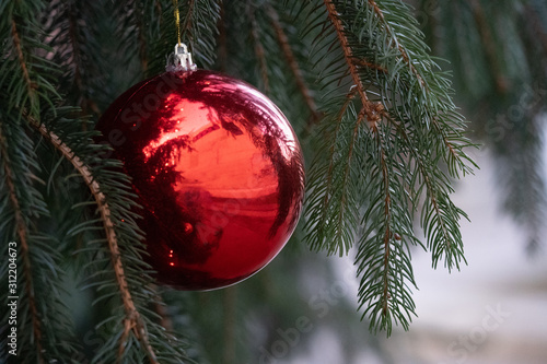 Red Christmas Tree Ornament Close Up with Background Evergreen Fir