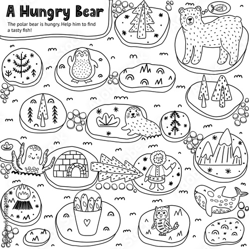A Hungry Bear black and white labyrinth game for kids