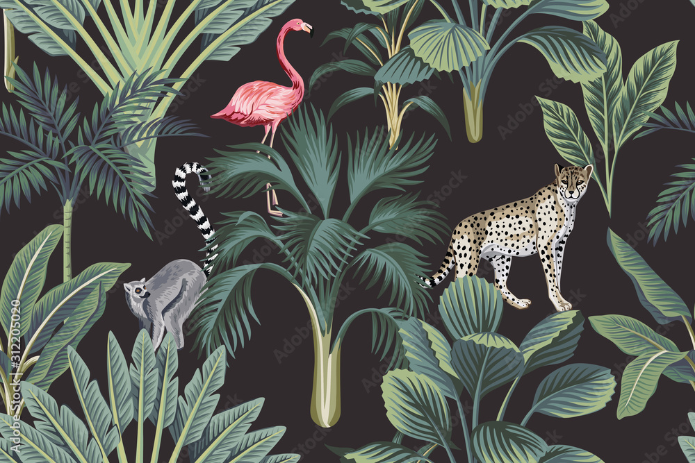 Tropical vintage wild animals, flamingo, palm trees, banana tree floral seamless pattern dark background. Exotic botanical jungle wallpaper.