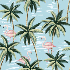 Handdoek met foto Palmbomen patronen Vintage flamingo en palmbomen blauw  © good_mood