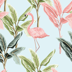 Fototapete Flamingomuster Vintage Flamingos und Bananenbäume Blau  © good_mood
