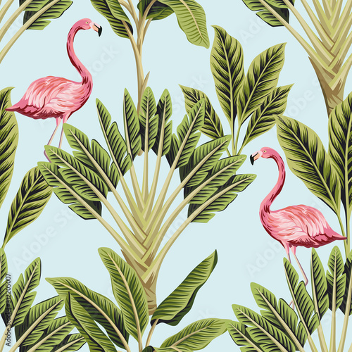 Tropical vintage pink flamingo and banana trees floral seamless pattern blue background. Exotic jungle wallpaper.