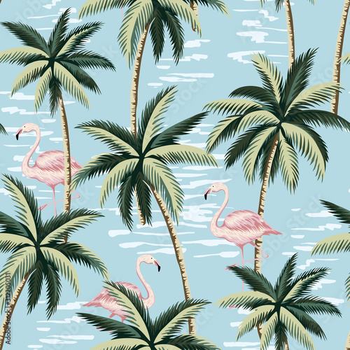 Tropical vintage pink flamingo and palm trees floral seamless pattern blue background. Exotic jungle wallpaper.