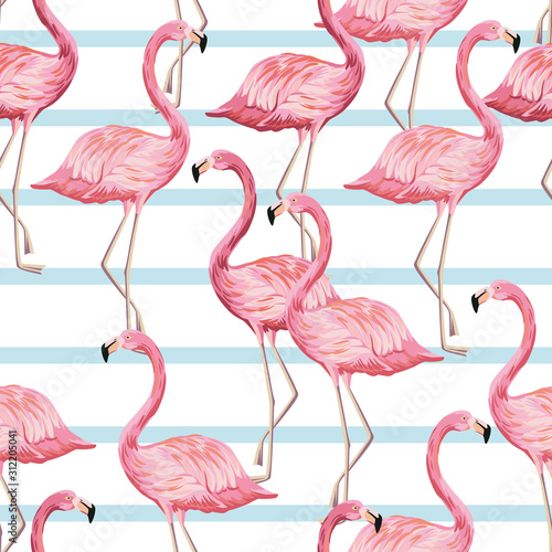  Tropical vintage pink flamingo floral seamless pattern blue stripes background. Exotic jungle wallpaper.