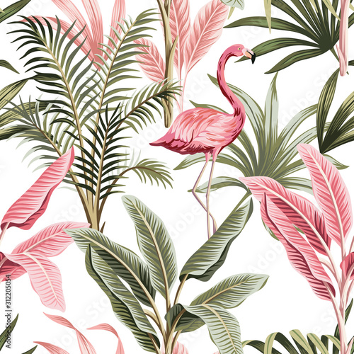 Tropical vintage pink flamingo, banana trees and plants floral seamless pattern white background. Exotic jungle wallpaper.