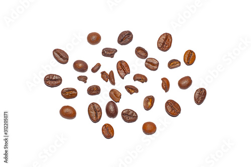 Coffee beans. Distributed on a white background.