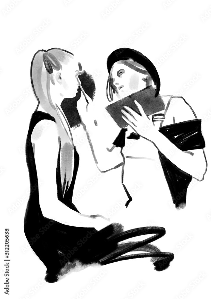 Sketch of a make-up artist at work on fashion show Sketch of a make-up artist at work on fashion show