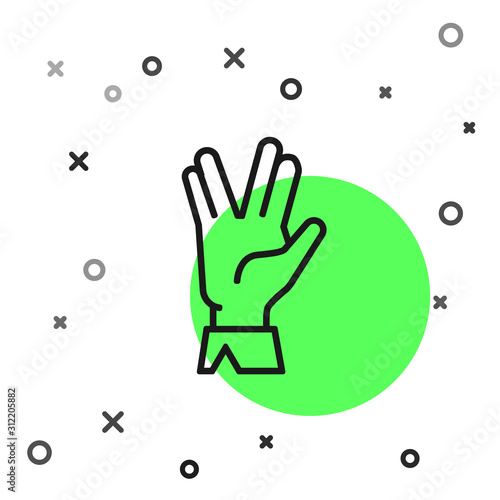 Black line Vulcan salute icon isolated on white background. Hand with vulcan greet. Spock symbol. Vector Illustration