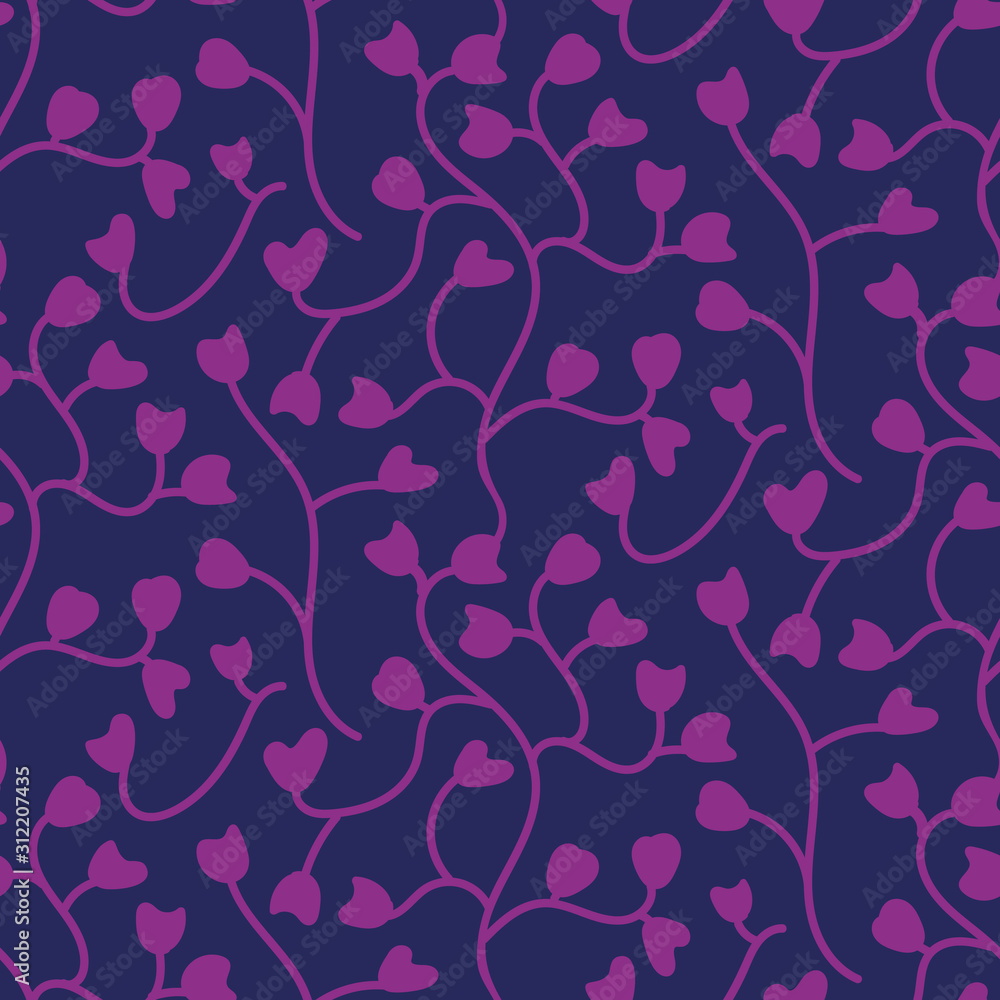 An organic botanical seamless vector pattern with heart shaped leaves. Valentines day surface print design. Great for love cards, wrapping paper and packaging.