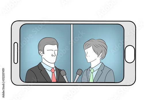 Live broadcast of debates on a mobile phone. choosing the best candidates. political debate. vector illustration.