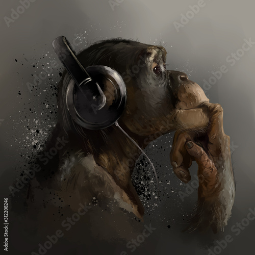 Fotobehang Chimpanzee listening to music. Watercolor drawing