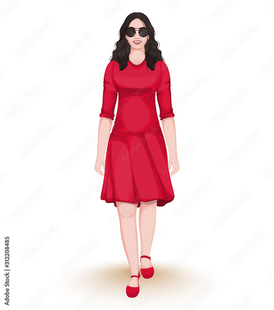 Young Girl wearing Red Modern Dress in Walking Pose. Young Girl wearing Red Modern Dress in Walking Pose.