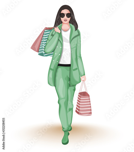 Fashionable Young Woman holding Shopping Bags in Walking Pose.