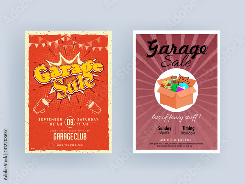 Retro Garage Sale Flyer or Template Design with Event Details in Two Color Abstract Background.