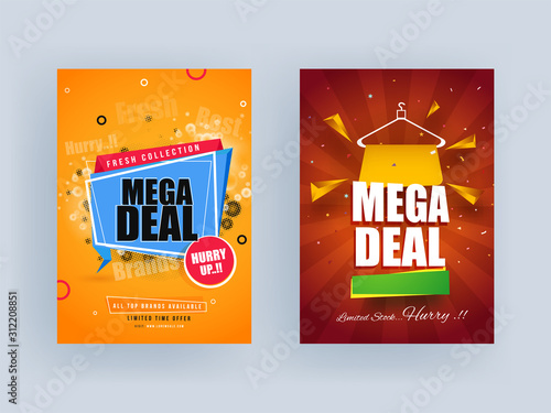 Limited Offer or Stock Mega Deals Sale Template or Flyer Set in Brown and Yellow Abstract Background.
