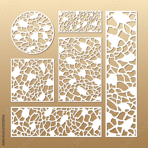 Laser cut vector panels (ratio: 1:1, 1:4, 2:1, 2:3, 3:1). Cutout silhouette with giraffe skin pattern. The set is suitable for engraving, laser cutting wood, metal, stencil manufacturing.