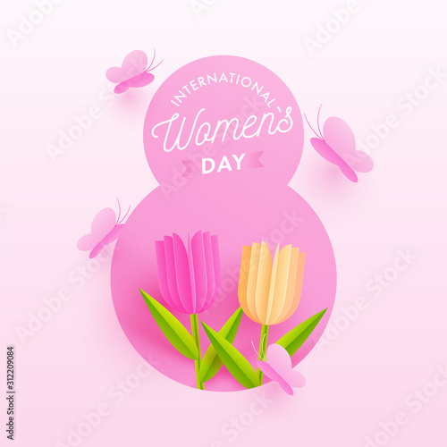 International Women's Day Poster Design with Paper Cut Tulip Flowers and Butterflies Decorated on Pink Background. © Abdul Qaiyoom