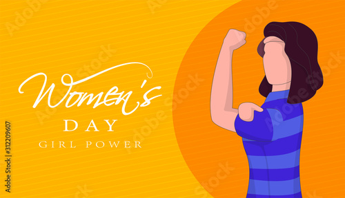 Faceless Woman Showing Her Strong Arm on Yellow and Orange Striped Background for Women's Day. Girls Power Concept.