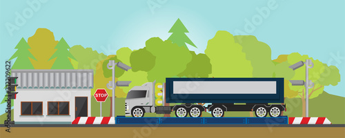 Container car on the weighing scale at the checkpoint. Before and after transport operations.