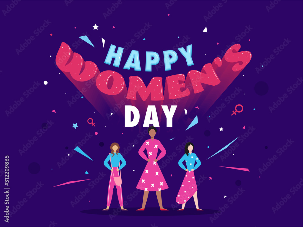 Group of Faceless Woman Character with Confetti on Purple Background for Happy Women's Day. Group of Faceless Woman Character with Confetti on Purple Background for Happy Women's Day.