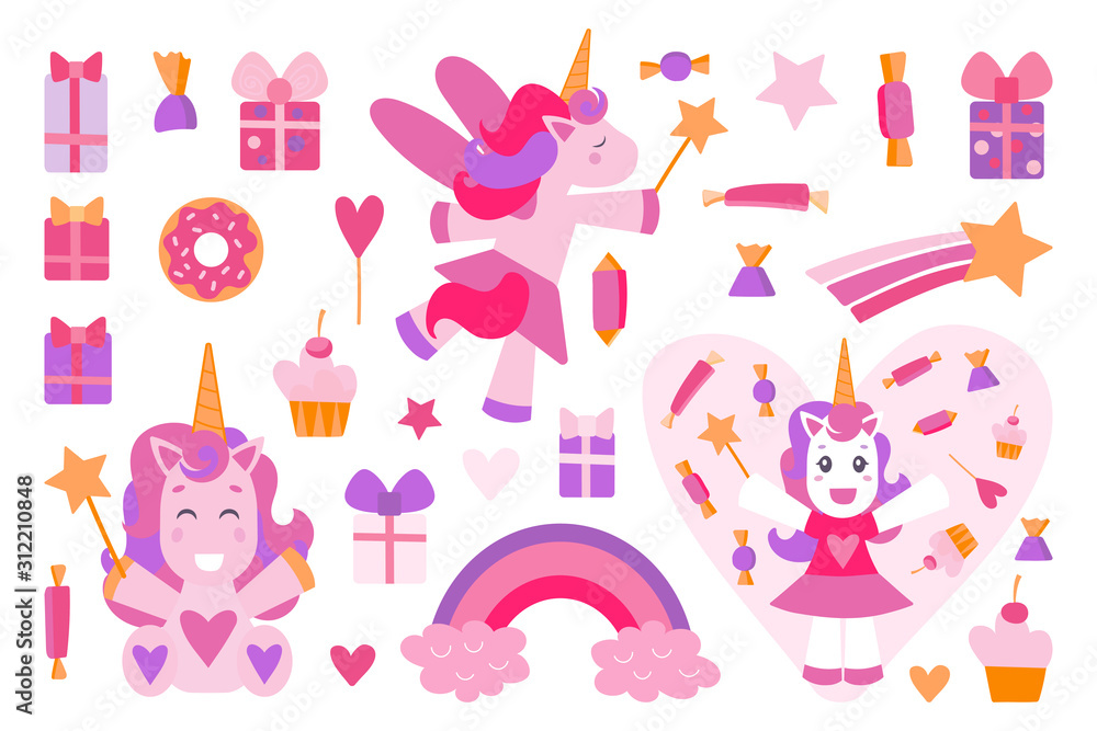 Set of Cute Cartoon Unicorns isolated on a white background Set of Cute Cartoon Unicorns isolated on a white background