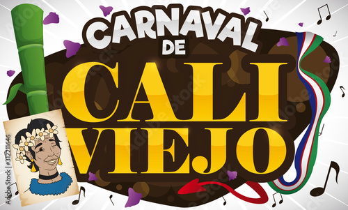 Portrait, Sugarcane, Petals, Flag and Music Notes for Cali Viejo Carnival, Vector Illustration