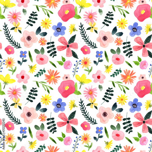Trendy ditsy daisy floral seamless pattern. Whimsical watercolor flowers on w...