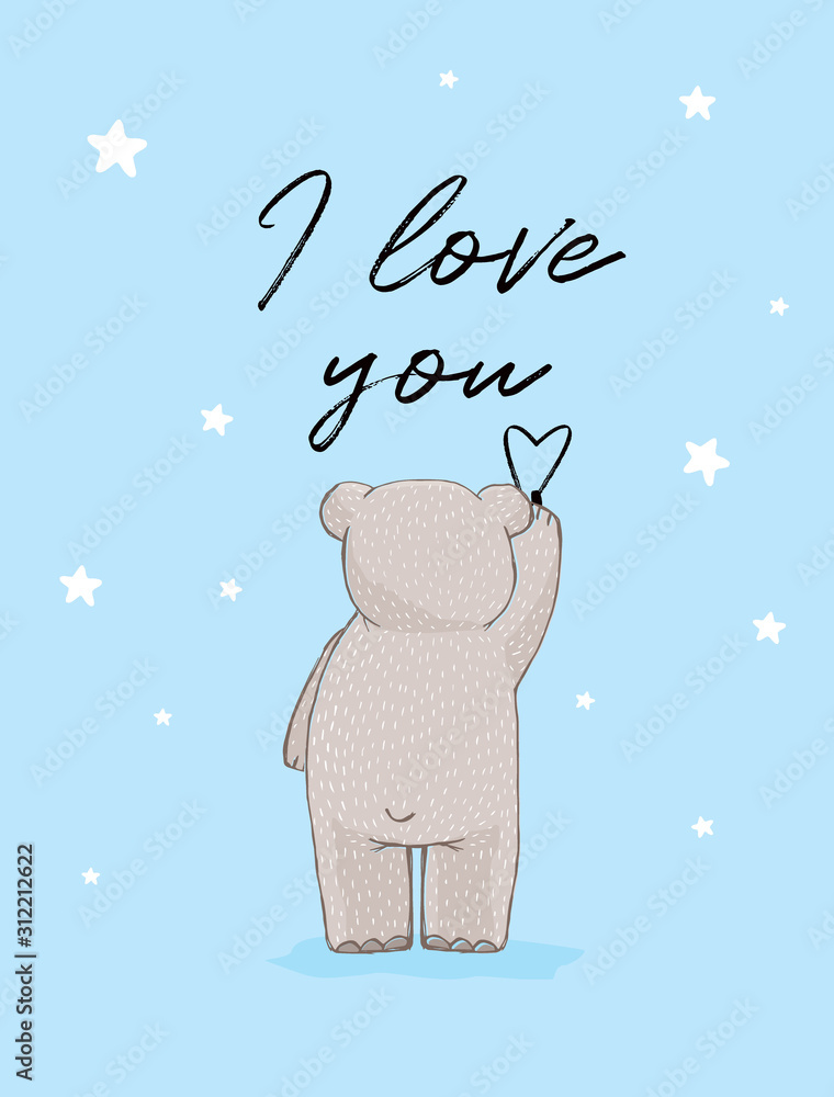 Fototapeta premium Sweet Little Bear Writing a Declaration of Love. Cute Nursery Vector Illustration with Little Teddy Bear Isolated on a Blue Background. Funny Romantic Art Ideal for Card, Poster, Wall Art, Postcard.