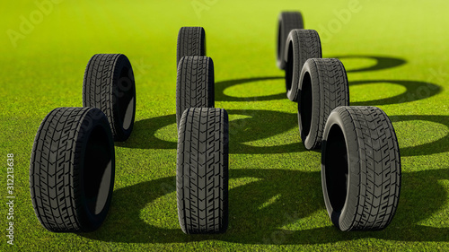 Wheels on Grass, Eco Wheel Advertisement Concept, 3D Rendering